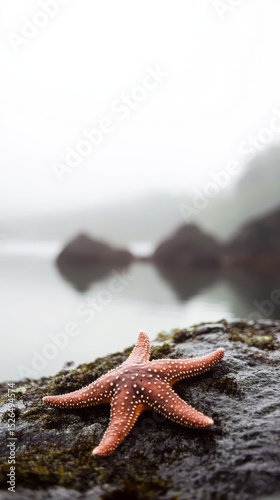 Starfish rests on a mossy rock by the misty ocean on a calm day. Coastal seascape with marine life captures quiet beauty.