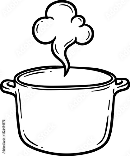 Rustic cast iron pot with steam doodle icon in black and white