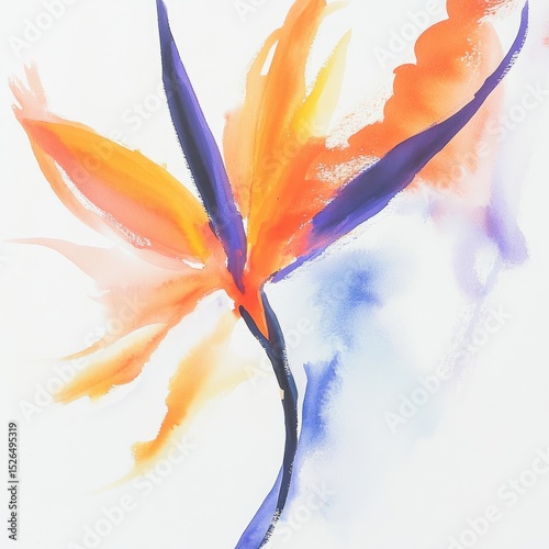 Abstract watercolor painting of an orange and purple bird of paradise flower, with flowing lines and soft color blends on a white background