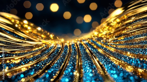 Abstract Golden Light Flowing Lines on Dark Bokeh Background Creates Dynamic Visual