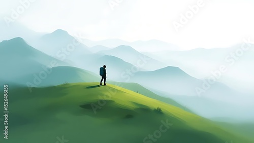 Lone hiker stands on a mist-covered hilltop, surrounded by soft fog and muted light. The scene evokes solitude, introspection, and a deep connection with nature and the great outdoors