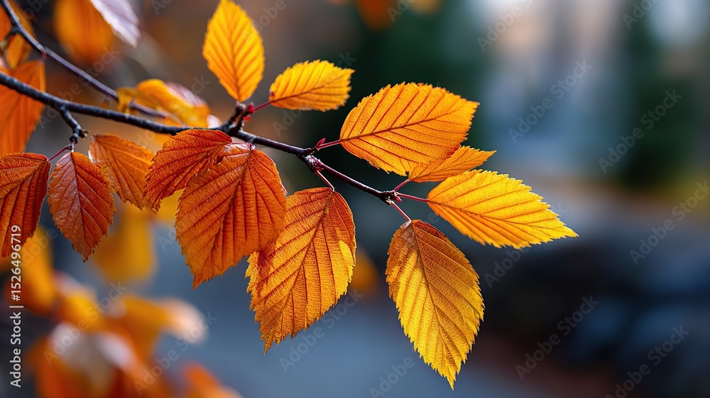 Obraz premium Vibrant autumn leaves in warm golden colors hanging on a tree branch outdoors, glowing in soft natural light. Background for seasonal, nature, fall, woodland, environment, botanical concepts