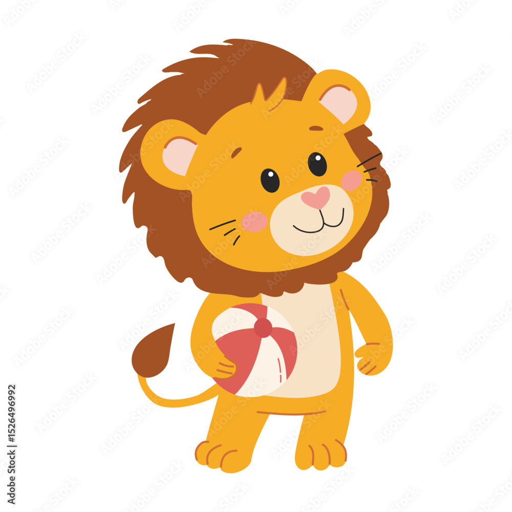 Obraz premium Cute cartoon lion holding beach ball. Vector illustration isolated on white background.