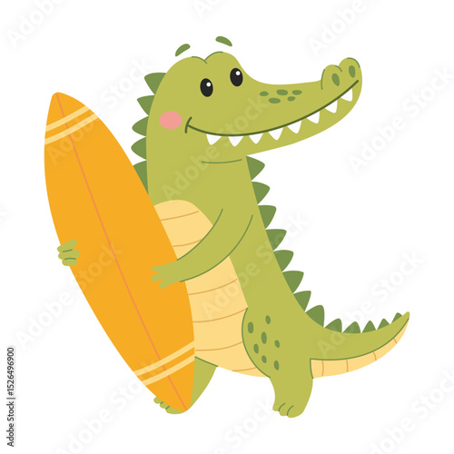 Cute crocodile with surfboard. Vector illustration on white background.