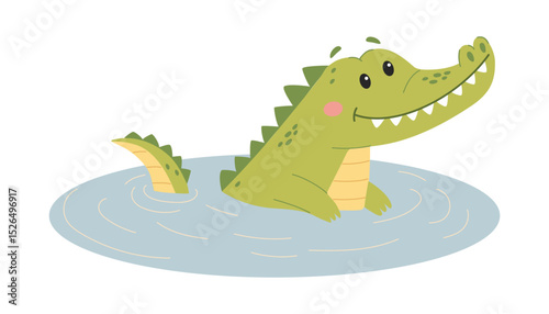 Cute Crocodile swimming in the water. Cute cartoon vector illustration.