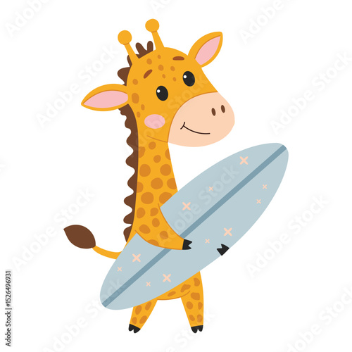 Cute cartoon giraffe with surfboard. Vector illustration isolated on white background.