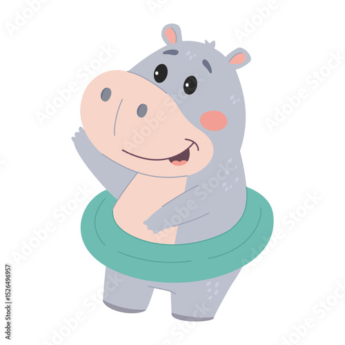 Cute little hippo with swimming circle on his waist. Flat vector illustration in simple child style isolated on white background