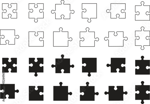 Puzzle pieces icons set. Jigsaw puzzle pieces silhouette icons isolated on transparent background. Vector design templates. Business presentation concept. Vector illustration. EPS 10