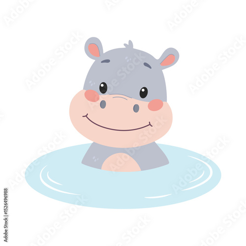 Cute little hippo in water. Flat vector illustration in simple child style isolated on white background