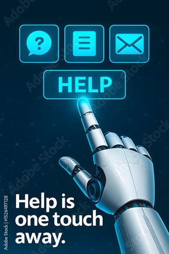 Robotic hand about to press a help button with question mark, note and email icons. Help is one touch away.