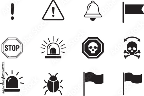 Alert signs — warning triangle, exclamation mark, bell, stop sign, siren, danger, skull, caution tape, bug, red flag.