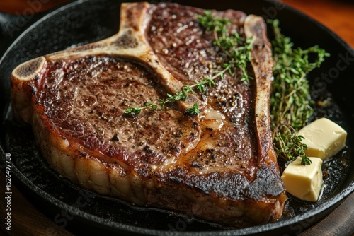 Sizzling t-bone steak cooking in a cast iron skillet gourmet kitchen food photography warm ambiance close-up view culinary delight