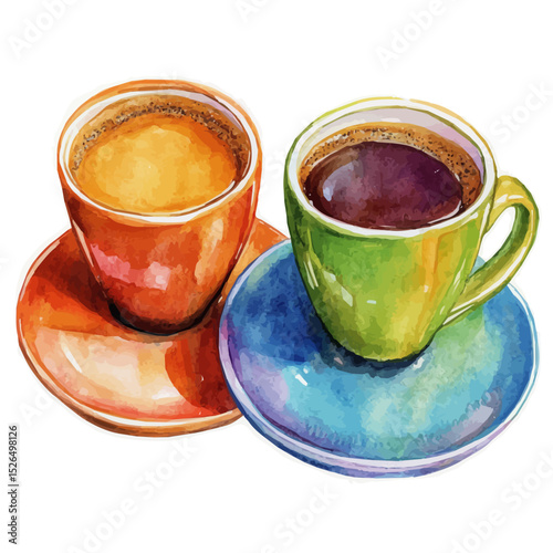 Colorful Espresso Cups With Saucers, watercolor vector, high quality, isolated on a white background.