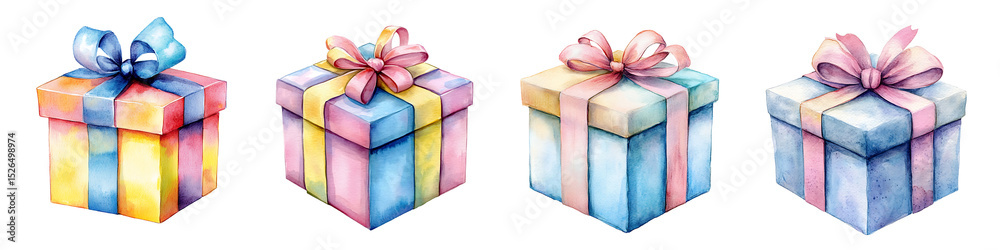 Fototapeta premium A set of watercolor drawings shows four wrapped gifts. Each gift is cube-shaped, and the color palette is pastel, with ribbons and knots.