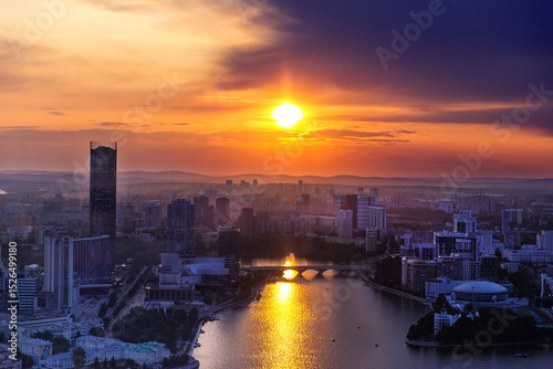 Evening panorama of the modern city of Yekaterinburg on the banks of the Iset river