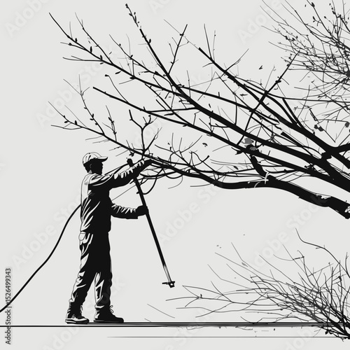 Person trimming tree branches illustration in black and white