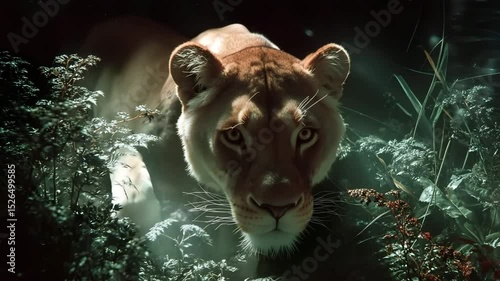Majestic lioness prowls through the lush jungle at dusk, showcasing nature's beauty and strength