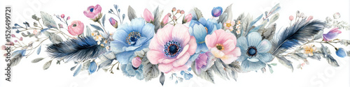 Vintage floral watercolor bouquet with pink and blue tones, featuring delicate flowers