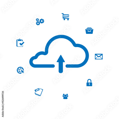 Cloud upload icon surrounded by business and technology symbols, representing digital data management and storage