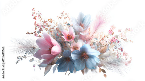 Vintage floral watercolor bouquet with pink and blue tones, evoking serene beauty
