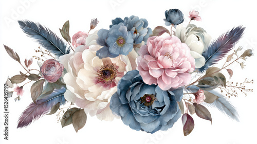 Vintage floral watercolor bouquet with pink and blue tones, featuring peonies and feathers