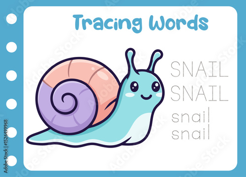 tracing the word of cute snail. animal education game