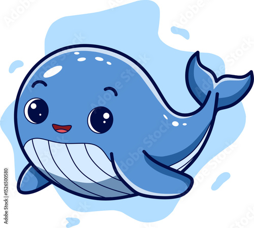 Cute Kawaii Whale Vector – Smiling Cartoon Blue Whale with Water Splash