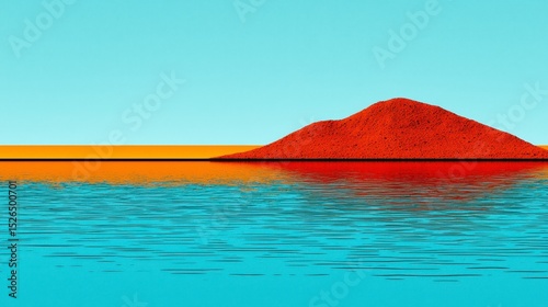 Abstract Red Hill Reflected in Blue Water Minimalist Landscape