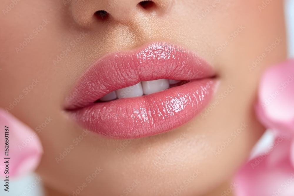 Fototapeta premium Close-Up of Glossy Pink Lips Surrounded by Soft Flower Petals