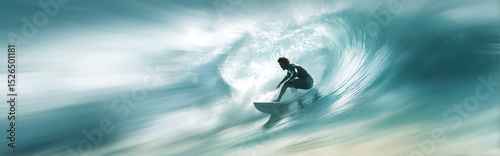 Close-up surfer dropping into massive barrel wave with abstract blurred blue gradient background, Hawaiian-inspired glass art style capturing motion and adrenaline of surfing.