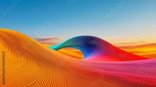 Abstract Sunset Landscape with Rainbow Arch Bridge over Colorful Dunes
