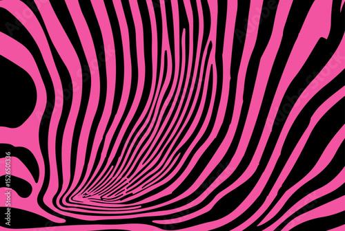 This vector illustration in Y2K style features bold pink and black wavy stripes. The design uses abstract organic shapes, creating a vivid, trendy, and dynamic visual with a striking optical effect.