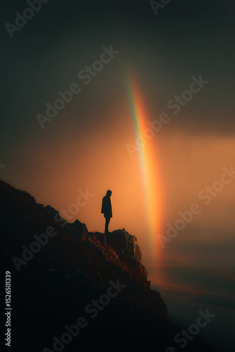 Lone silhouette standing on high cliff edge with dramatic rainbow over moody horizon, wind blowing clothes, cinematic low angle view of nature's beauty and solitude.

