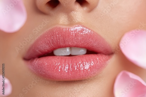 Close-Up of Glossy Pink Lips Surrounded by Soft Flower Petals