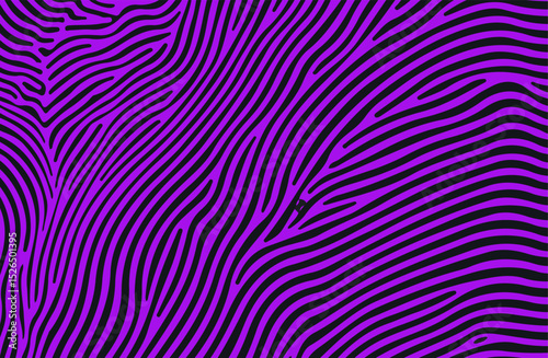 Abstract vector illustration in Y2K style: vibrant purple wavy zebra-like stripes on a black background. This bold, organic pattern fits the lively, trending look in fashion and graphic design.