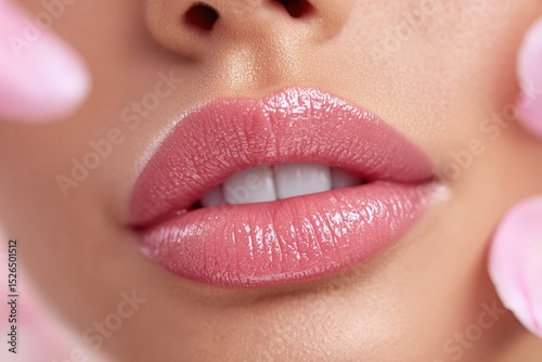 Close-Up of Glossy Pink Lips Surrounded by Soft Flower Petals