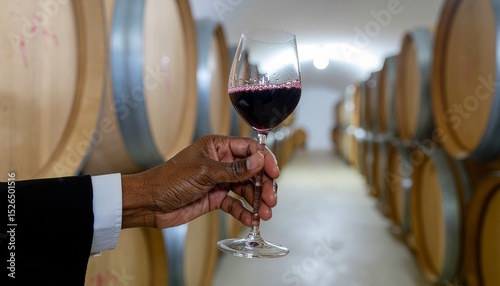 Primer plano mano de camarero sirviendo vino tinto en una copa de vino en una bodega photo