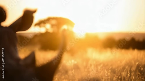 Wallpaper Mural Powerful white rhinoceros head and horn in golden light grazing in tall grass of the African plains at sunset, wildlife animal portrait Torontodigital.ca