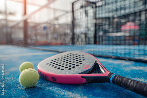 A realistic photo of a modern padel racket and yellow padel balls placed on a clean blue padel court surface