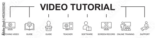 video tutorial banner web icons vector illustration on white background with icons of watching video, guide, teacher, software, learning, screen recording, online training, support, editable stroke 