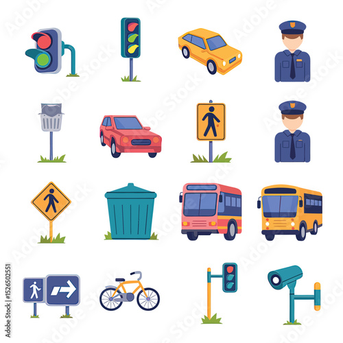 vector street elements and tools icons include traffic light road sign car police officer other     
