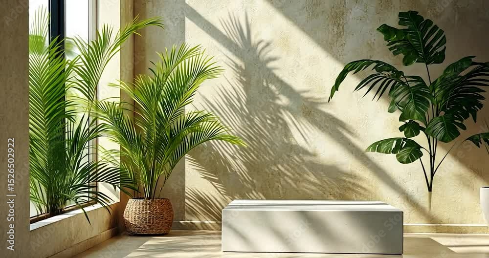 Lush green plants and sunlight illuminate a minimalist interior, featuring a textured wall, natural light, and a simple rectangular shape on a white background. The image showcases plants and a