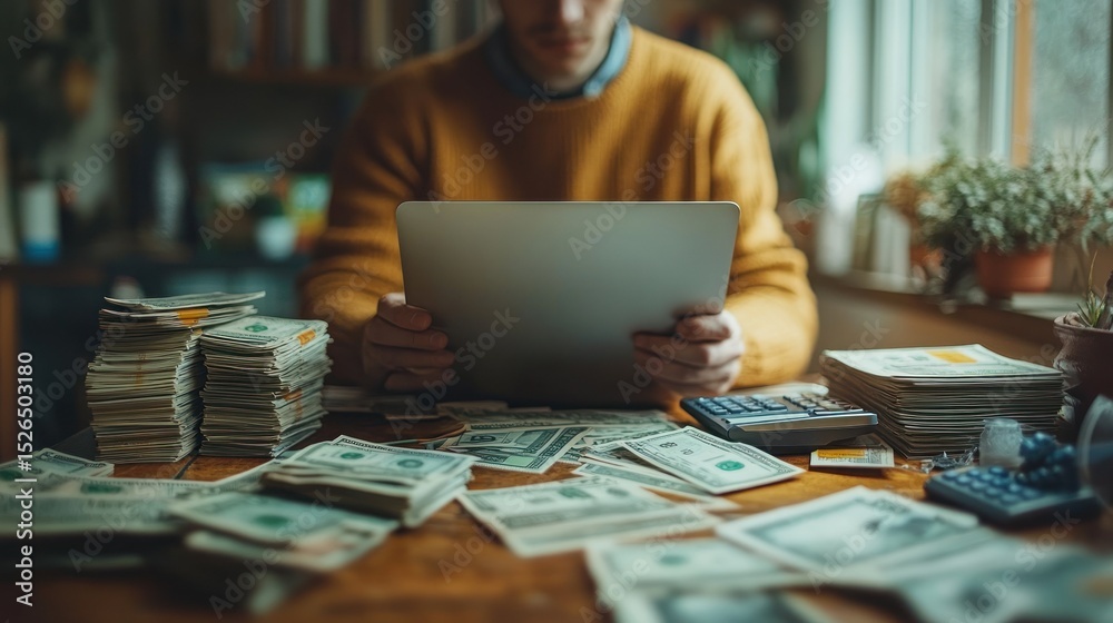 Fototapeta premium Man working on laptop surrounded by stacks of cash at home office