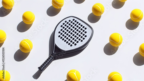 A realistic flat lay photo of neatly arranged padel equipment on a clean white background