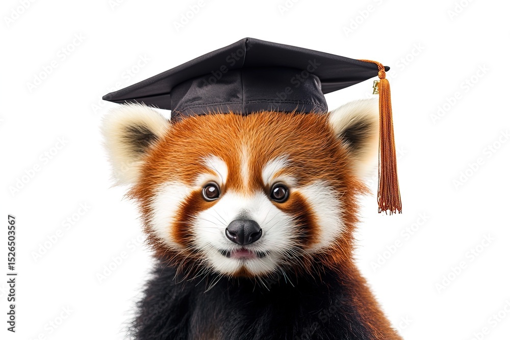 Obraz premium Adorable red panda with fluffy fur wearing graduation cap isolated on white background, symbolizing education, achievement and celebration