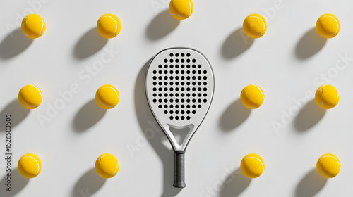 A realistic flat lay photo of neatly arranged padel equipment on a clean white background