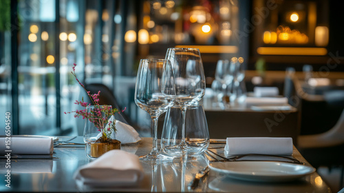 Luxury restaurant interior featuring elegantly set tables with glassware, embodying refined hospitality and exceptional service.

