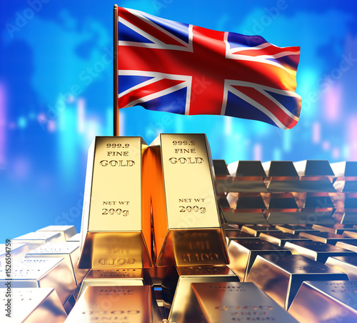 Gold bars. Flag of great Br...