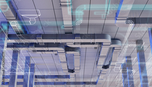Industrial ventilation communications. Vents shafts under roof of hangar. Air handling unit. Air-conditioning ducts. Industrial utilities design. Ventilation system in factory building. 3d image