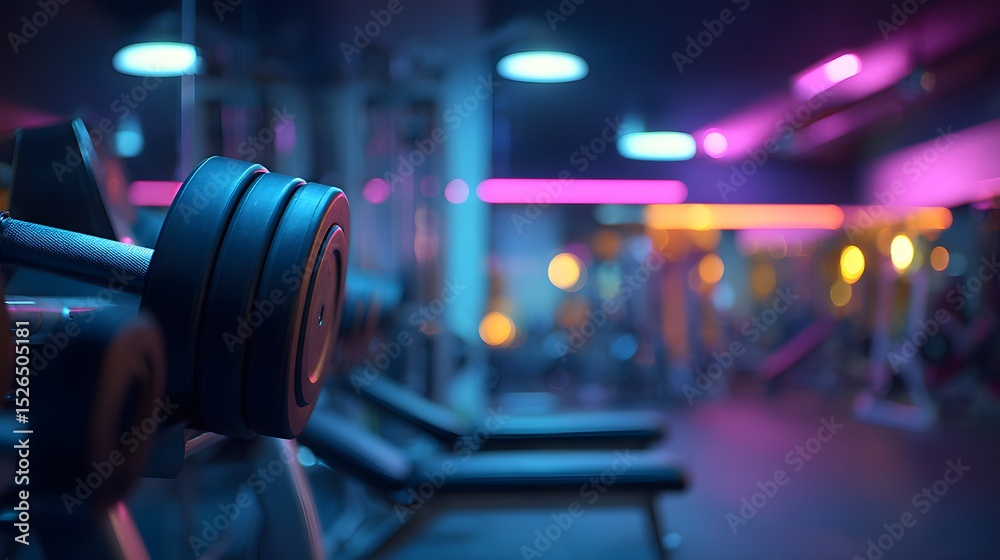 Fototapeta premium Fitness gym interior with exercise machines and weights softly blurred